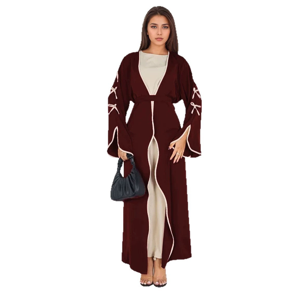Wine Red Trim Long Open Cardigan Maxi Abaya with Belted Sleeves