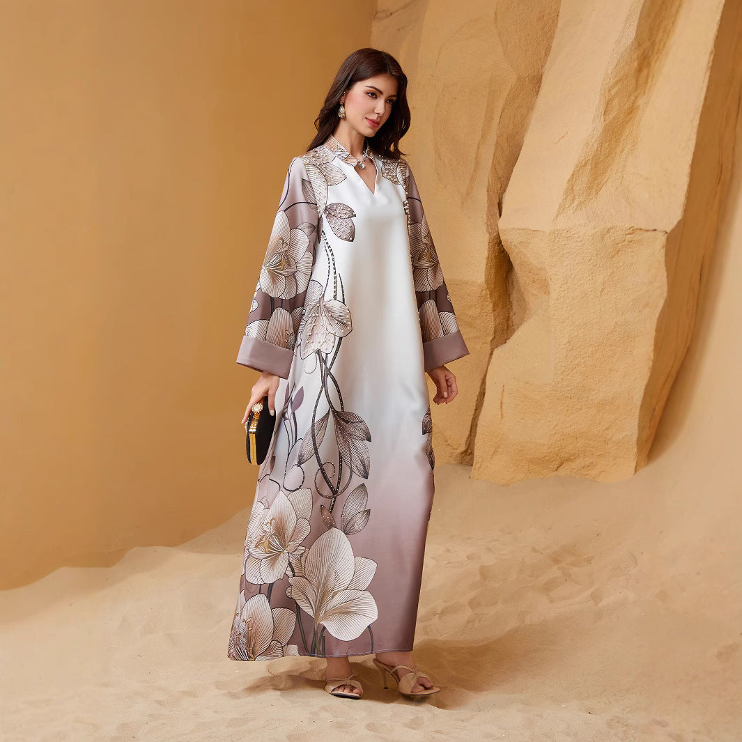 Coffee Reversed Sleeve Rhinestone Beaded V-Neck Maxi Dress