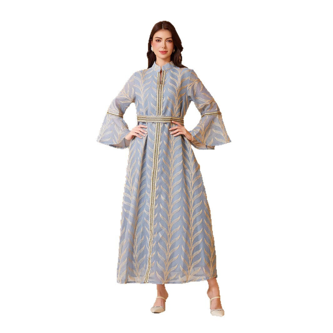 Saudi Muslim Women Premium Sheer Moroccan Kaftan Dusty Blue Golden Palm Leaf Embroidery Mandarin Collar Zip Closure Matching Waist Belt Oversize Flare Sleeve Loose Maxi Formal Outfit For All Gulf Ladies Eid Celebration Wedding Reception