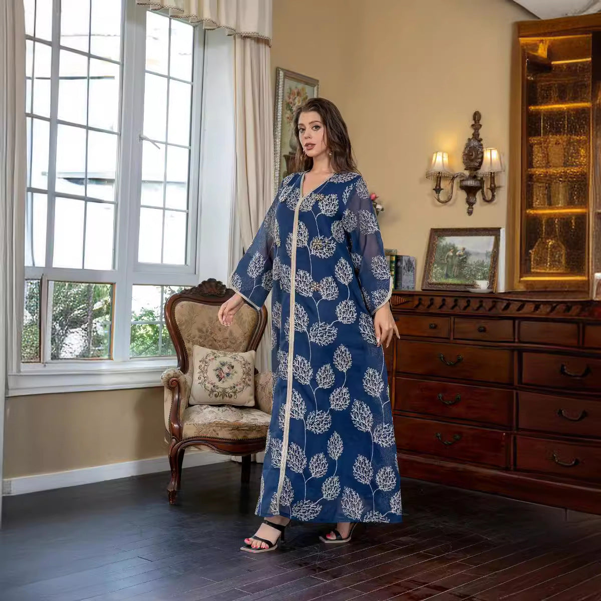 Pan-Arab Retro Botanical Modest Open Robe Light Sheer Navy Fabric Hand-Stitched Leaf Motifs Wide Flared Sleeves Unfitted Floor Silhouette