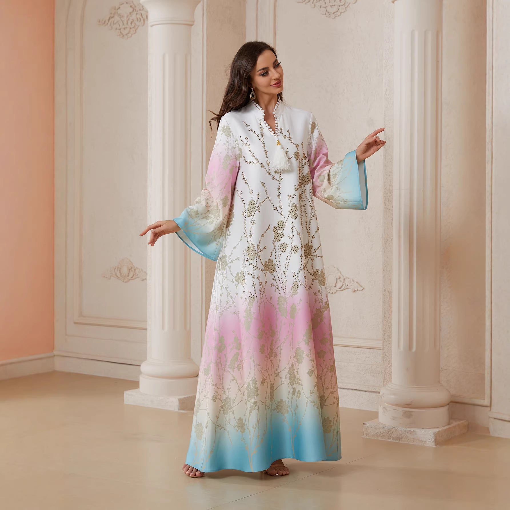 White Pink Blue Ombre Gradient Mandarin Stand Collar Pan-Arab Craft Modest Tunic Matte Satin Golden Rhinestone Branch Floral Print Pearl Neck Tassel Closure Wide Bell Floor Maxi Robe | Pan-Arab Malay Ladies Luxury Soft Modest Outfit For Wedding Cerem