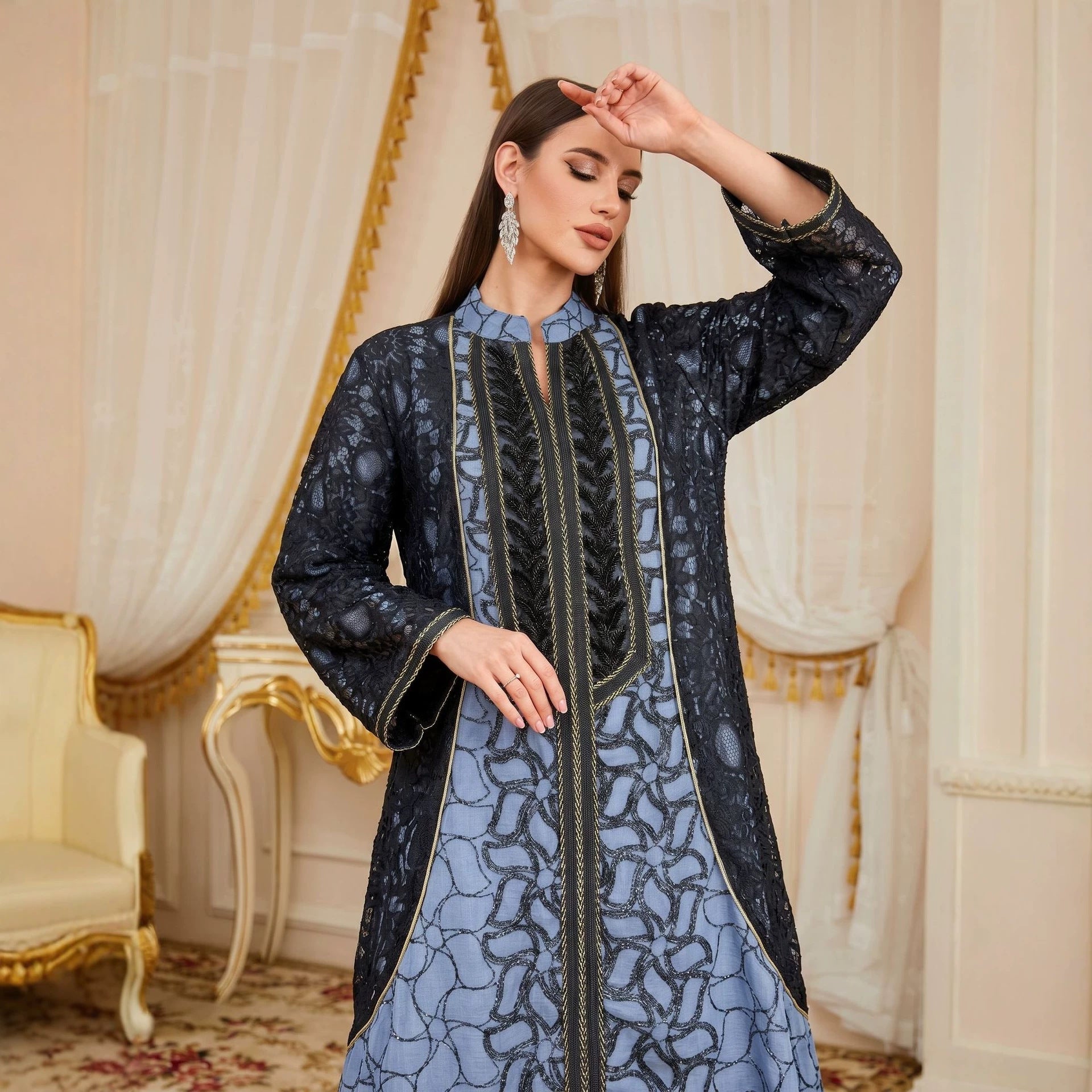 Luxury Banquet Sequin Embroidered Contrast Gown Jalabiya Modest Long Maxi Dress for Muslim Women Eid Ramadan Party S-XXL