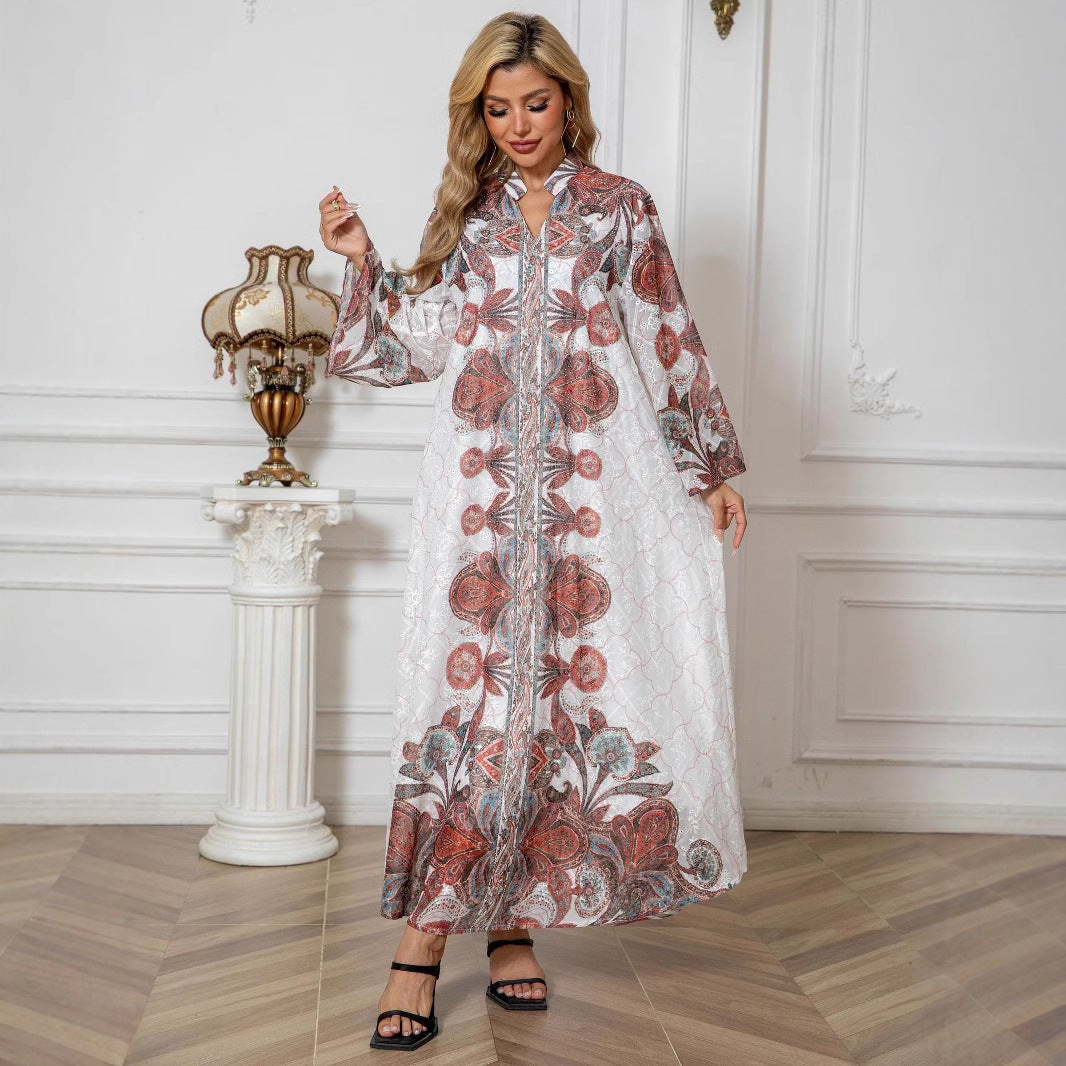 White Floral Print Rhinestone Embroidered Maxi Abaya Dress