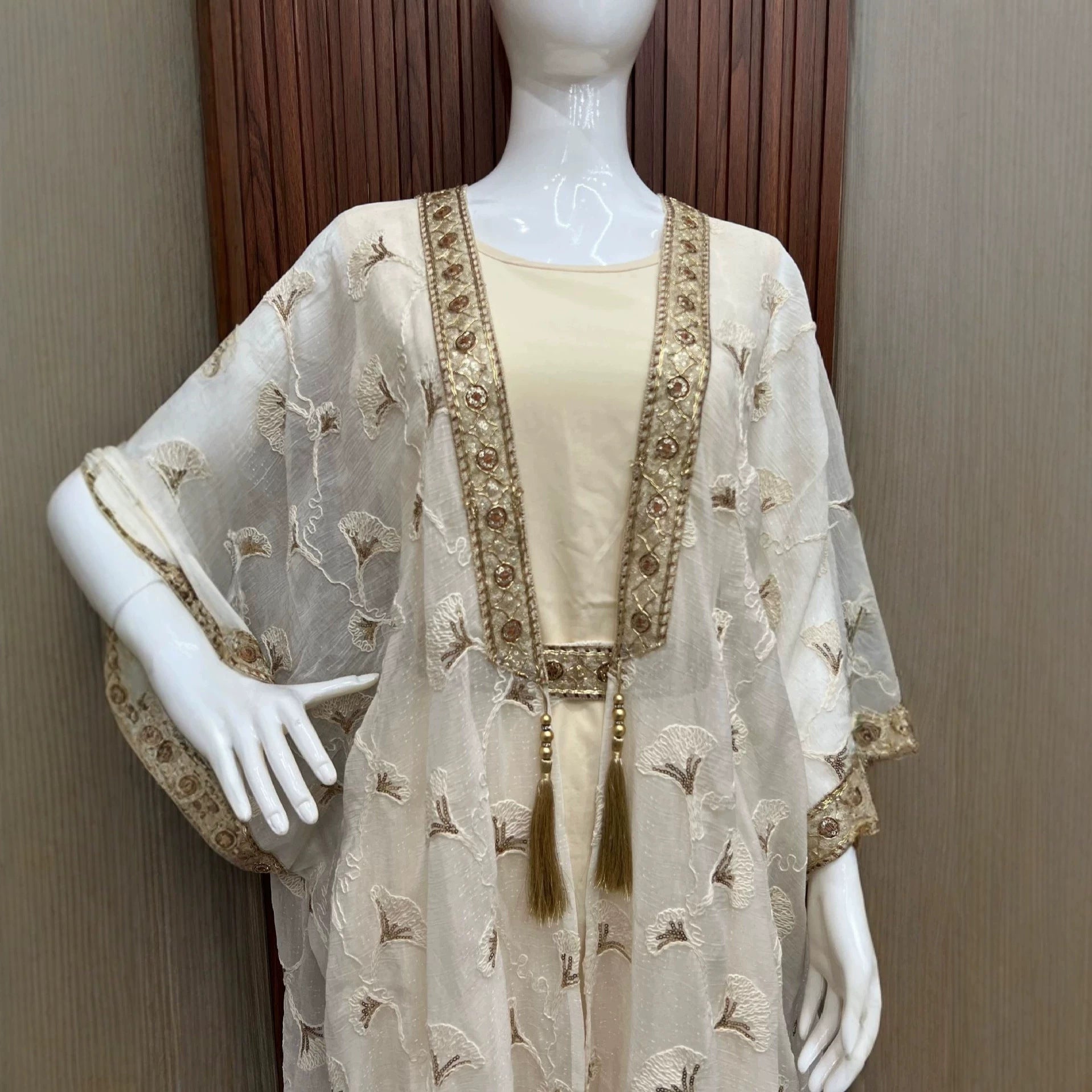 Off White Two-Piece Embroidered Cardigan Vest Set Gown Abaya Modest Long Maxi Dress for Muslim Women Eid Ramadan Kaftan
