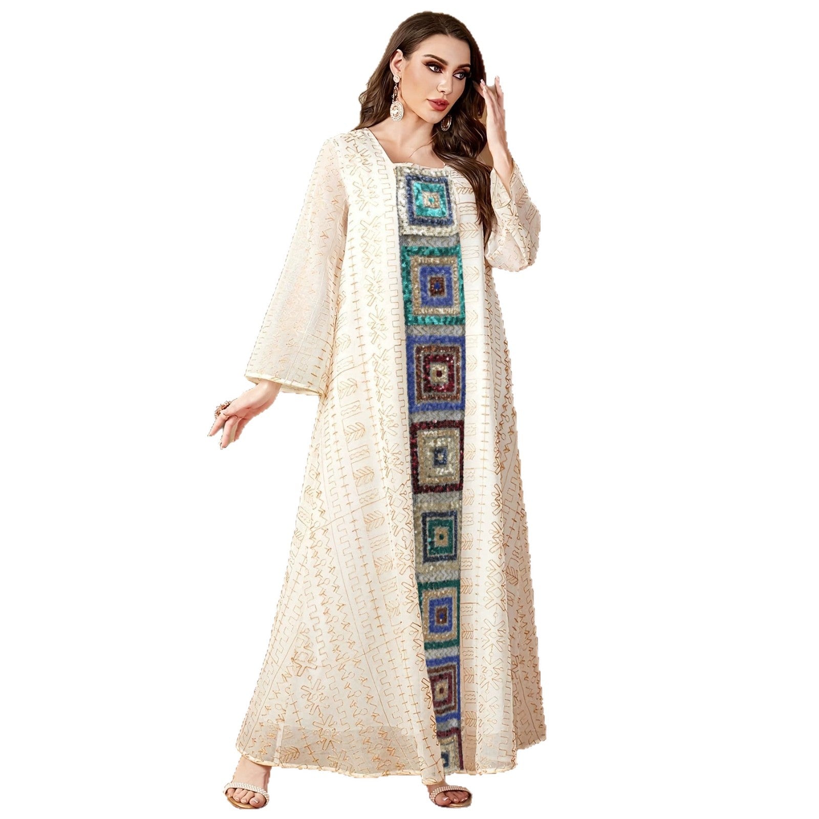 Sequin Applique Embroidered Kaftan Dress Jalabiya Modest Long Maxi Dress for Eid Ramadan Festive Celebration S-XXL