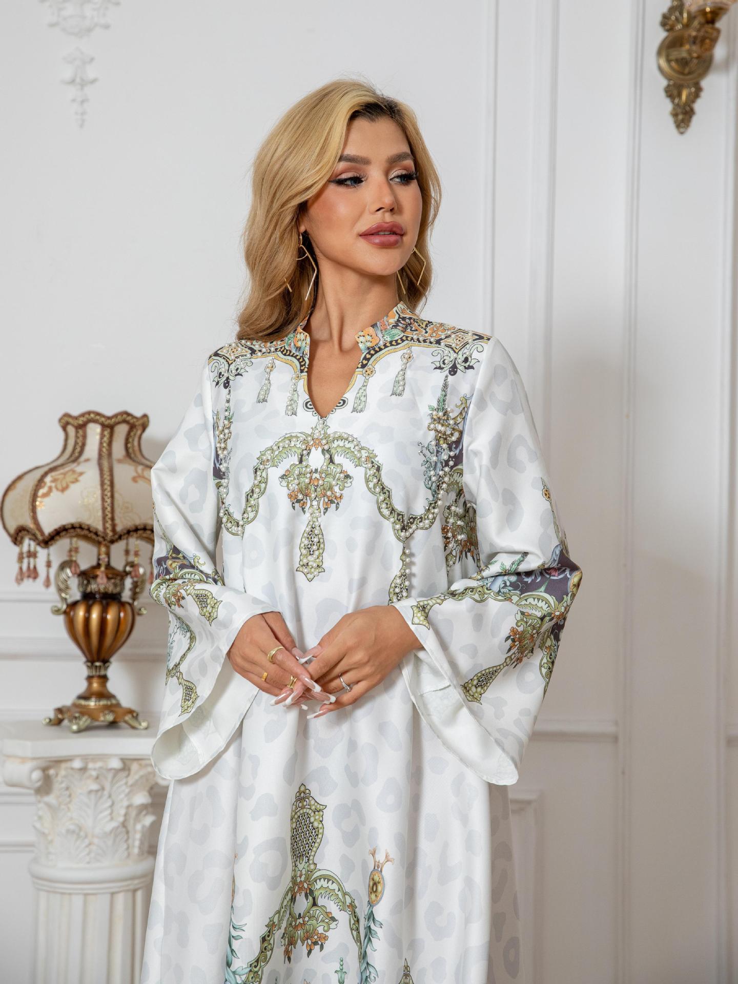 White Printed Beaded Maxi Dress - Modest Muslim Gown for Women