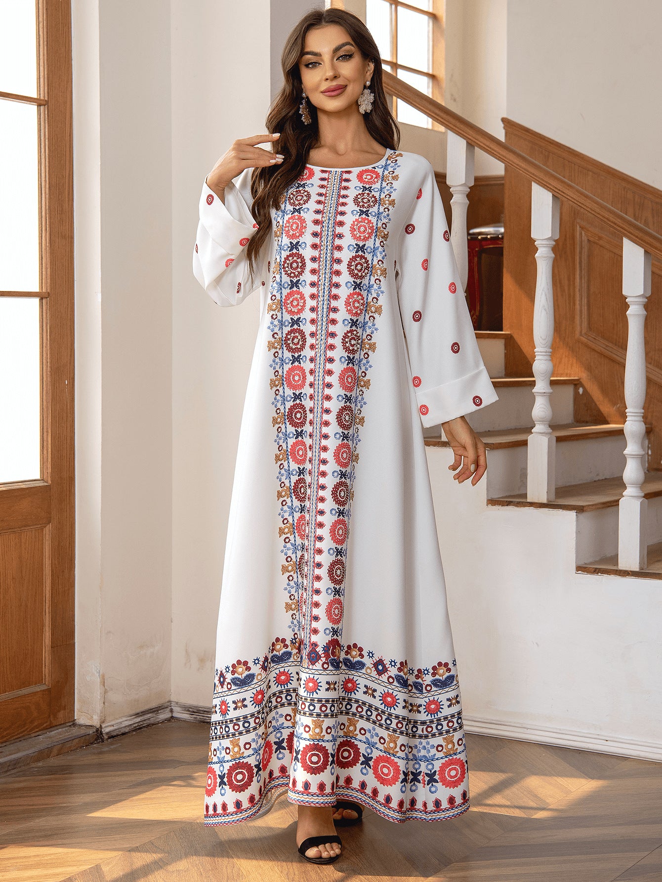 Elegant Red Printed Gold Foil Beaded Maxi Abaya Jalabiya Modest Long Robe for Muslim Women Eid Ramadan Daily Wear Loose Floor Length Dress S-XXL