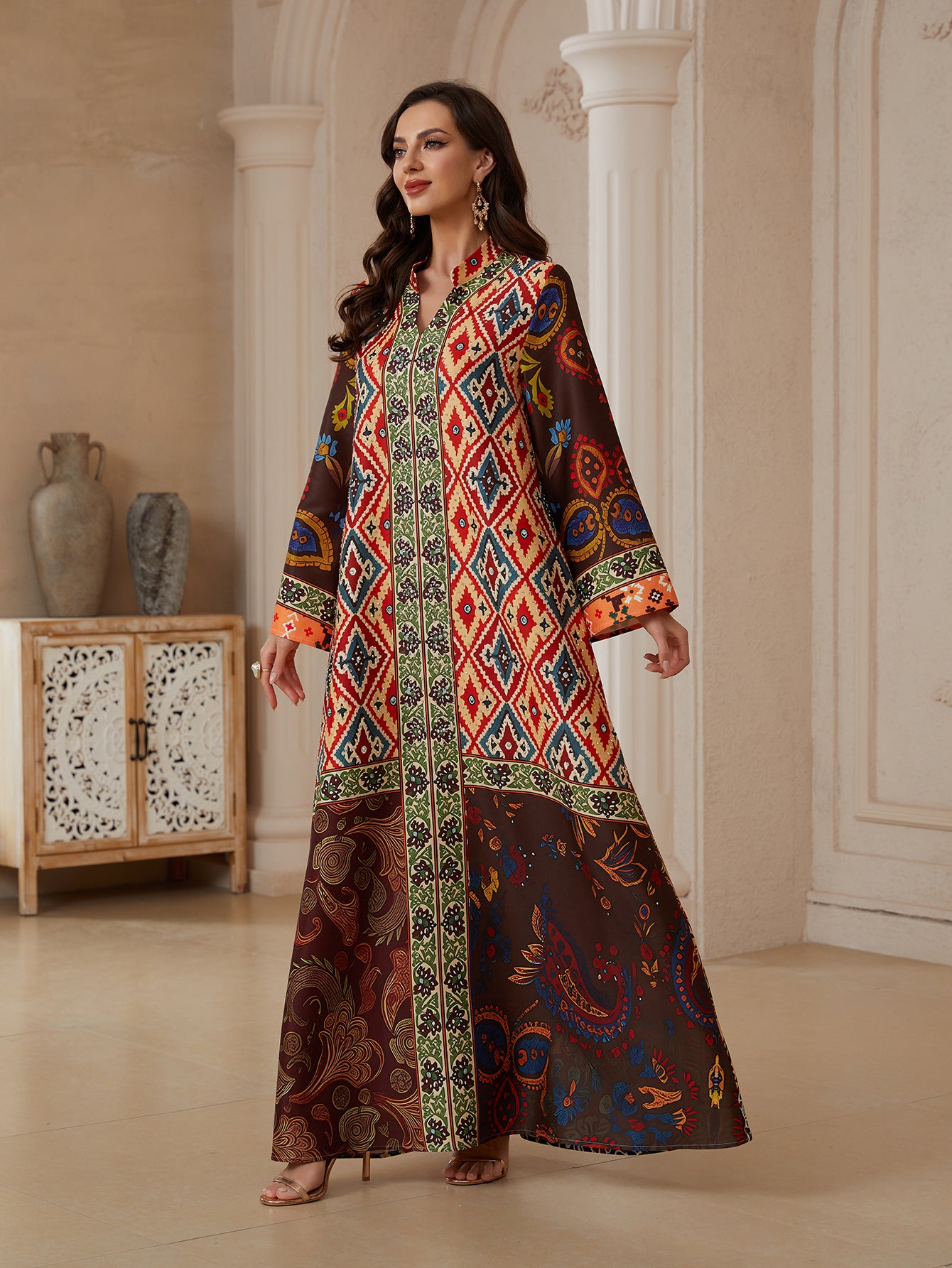 Floral Print Rhinestone Abaya Dress - Modest Muslim Ramadan Eid