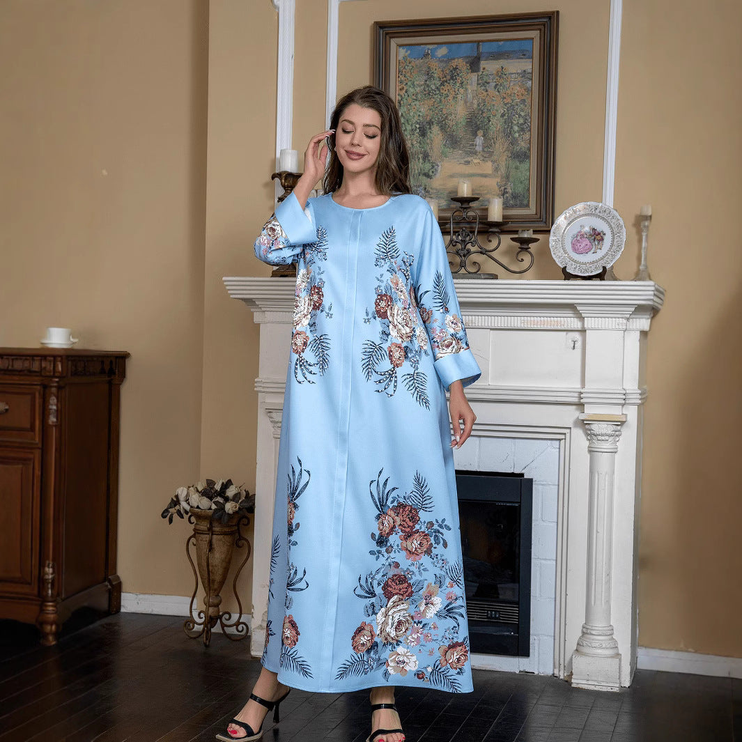 Sky Blue Rhinestone Beaded Round Neck Floral Maxi Dress - Modest