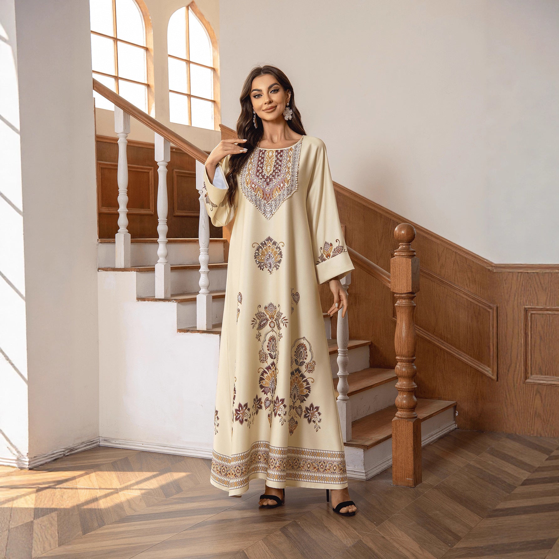 Elegant Khaki Brown & Nude Two-Tone Printed Round Neck A-Line Kaftan Abaya with Rhinestone Beaded Jalabiya Modest Maxi Dress for Muslim Women Eid Ramadan Daily Wear Loose Floor Length Long Robe S-XXL