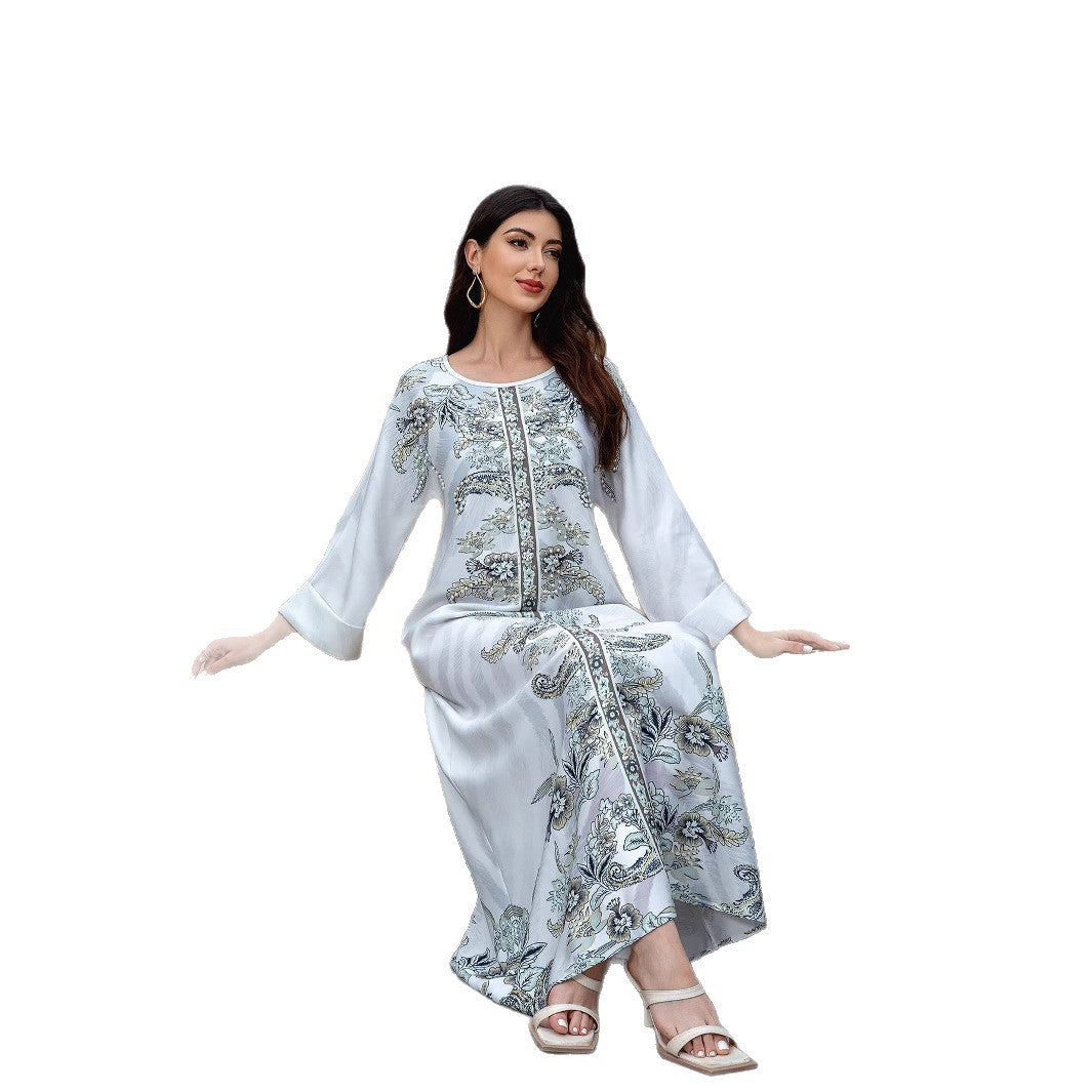 Light Grey Rhinestone Beaded Floral Maxi Abaya Dress