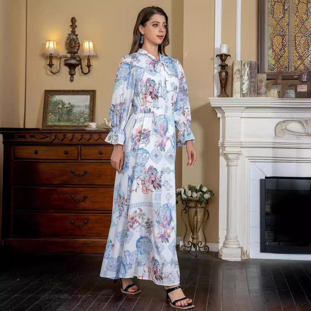 Sky Blue Slim Fit Abaya - Printed Modest Long Dress for Women