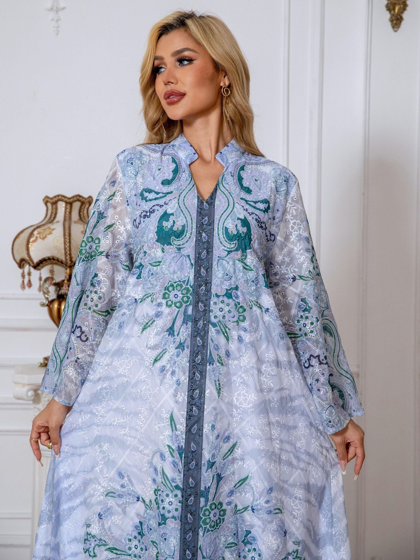 Light Blue Floral Print Rhinestone Embroidered Maxi Abaya Dress