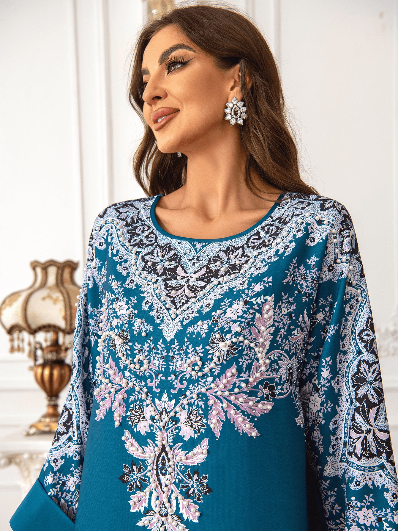 Peacock Blue Rhinestone Pleated Abaya - Elegant Modest Muslim Dress