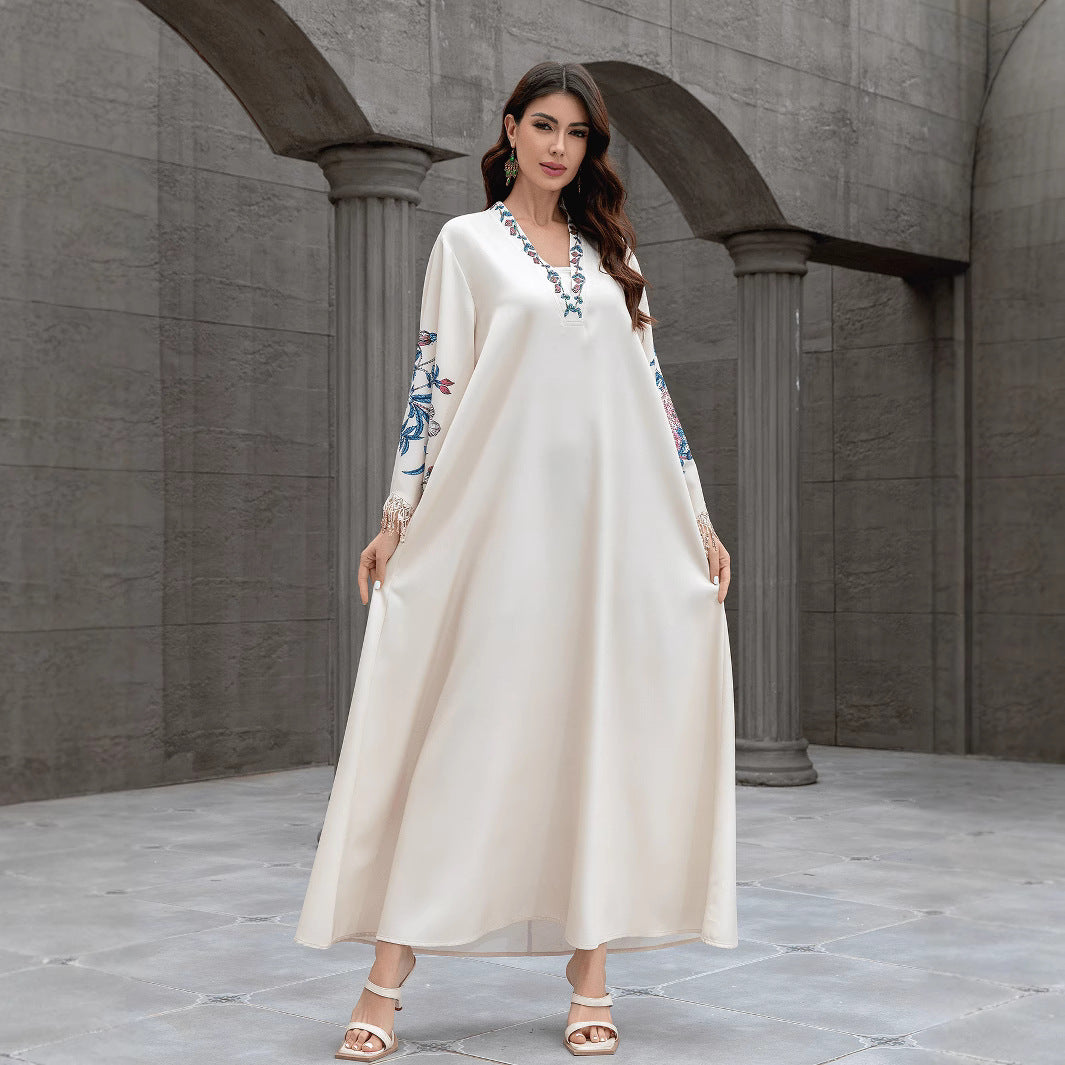 Exquisite Apricot Embroidered Kaftan – V-Neck Muslim Maxi