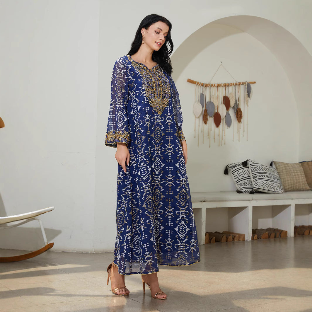 Charming Blue Mesh Kaftan – Embroidered Modest Maxi Dress