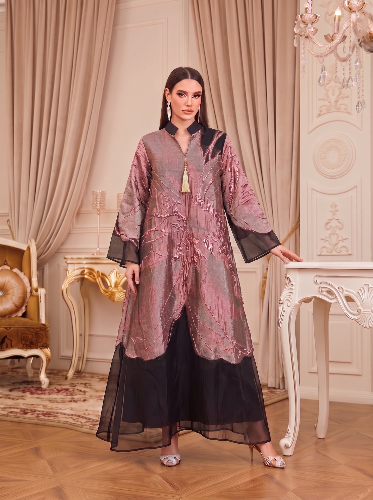 Multi-Color V-Neck Jacquard Lined Evening Maxi Abaya Dress