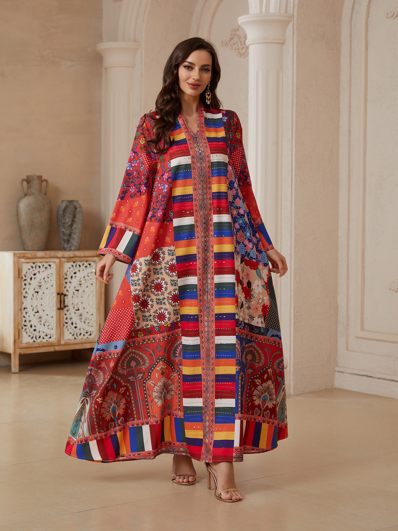 Red Printed Rhinestone Jalabiya - Ethnic Pullover Modest Dress