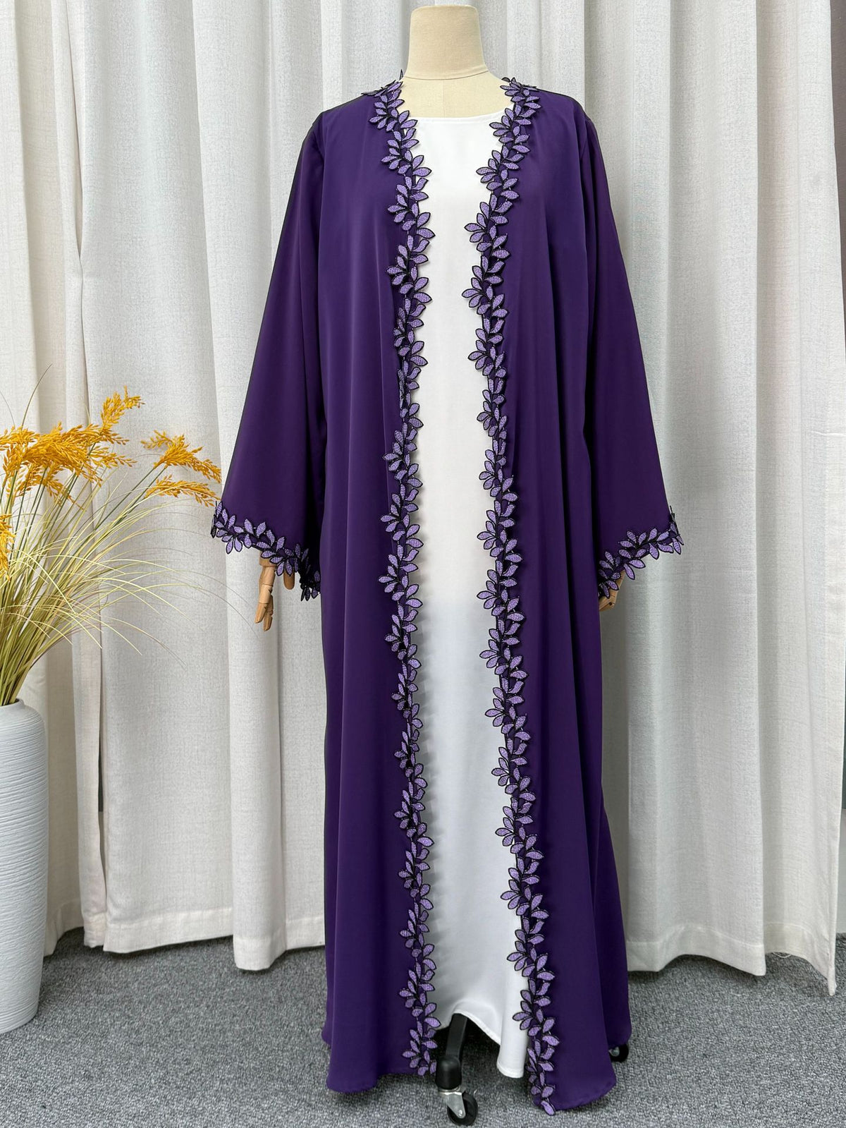 Delicate Lace Trim Embroidered Open Front Abaya Cardigan Modest Long Maxi Gown for Muslim Women Festive Banquet Party - 216