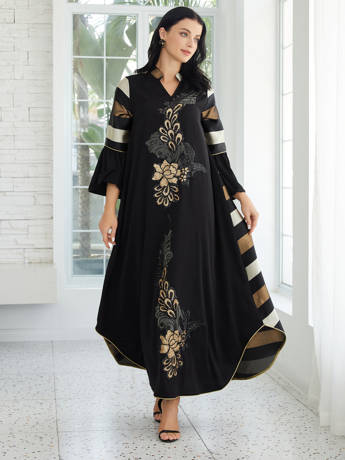 Gulf Islamic Modest Long Robe Black Base Vertical Vintage Gold Flower Sequin Embroidery Notch V Collar Multicolor Color Block Striped Wide Flare Cuff Oversize Irregular Hem Dubai Abaya For Ladies Formal Evening Occasion
