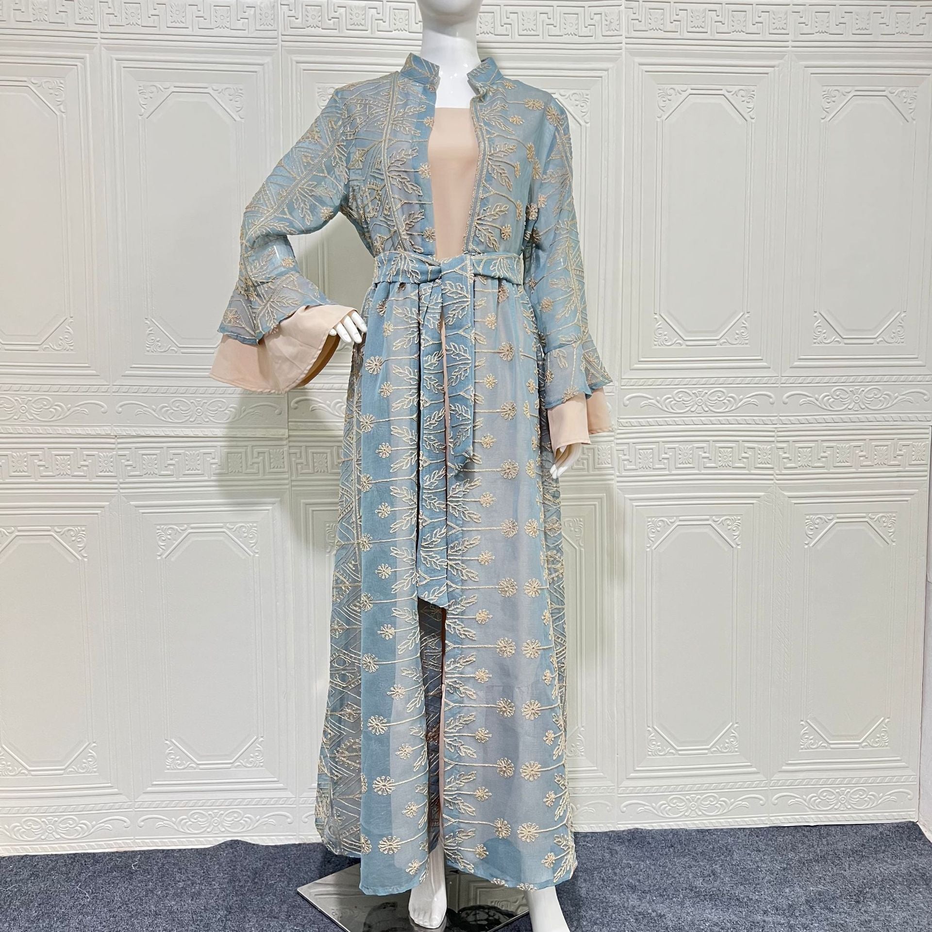 Arabian Pastel Boutique Designer Modest Layered Attire Soft Muted Sky Lightweight Transparent Mesh All Over Vintage Leaf Daisy Thread Motif Mini Stand Neck Self-Tie Waist Belt Double Flared Bell Cuff Sleeves Semi-Sheer Open Front Full Length Outer Ro