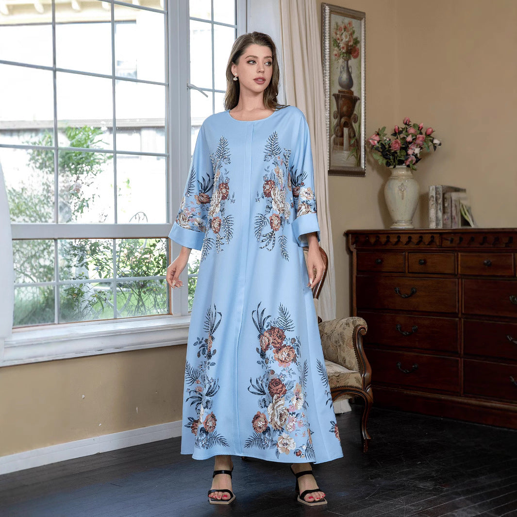 Sky Blue Rhinestone Beaded Round Neck Floral Maxi Dress - Modest