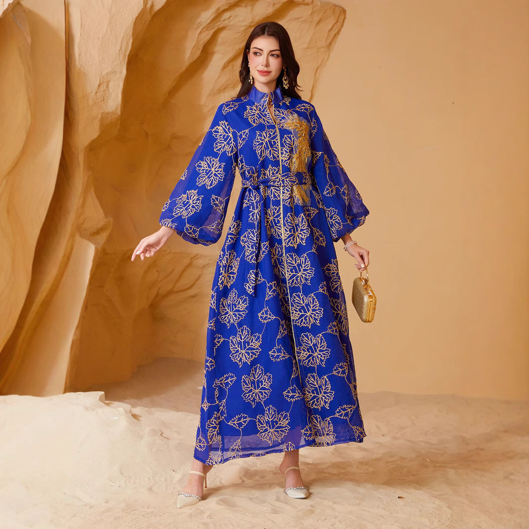 Luxury All Over Gold Print Middle East Kaftan Two Colors Stand Collar Lantern Sleeve Modest Ramadan Maxi Dress