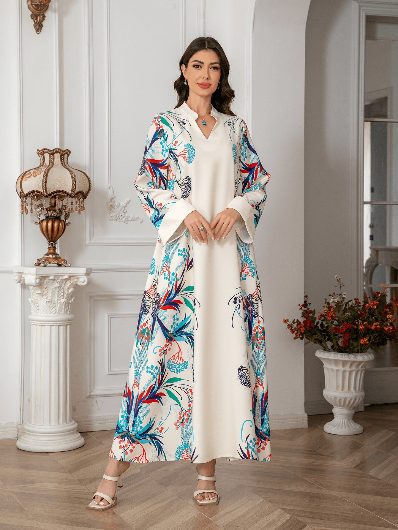 Refined Apricot Floral Print Kaftan – Bohemian Muslim Maxi Dress