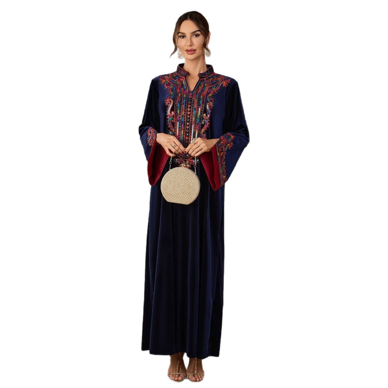 Navy and Black Ethnic Rhinestone Applique Embroidered Maxi Abaya Dress