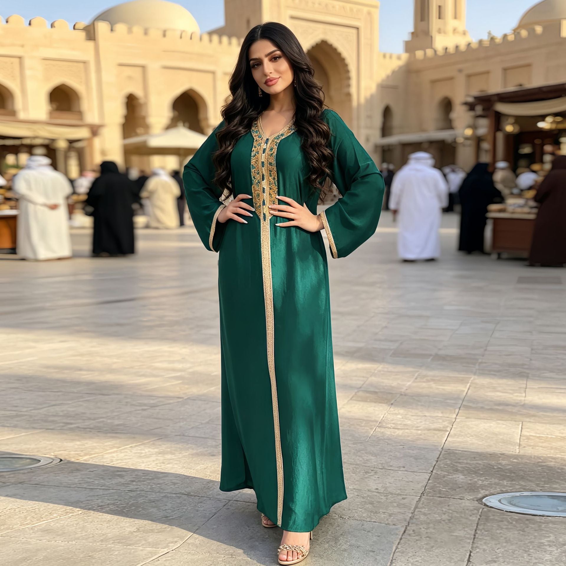 Moroccan Velvet Rhinestone Patchwork Ribbon Trim Plus Size Modest Maxi Dress