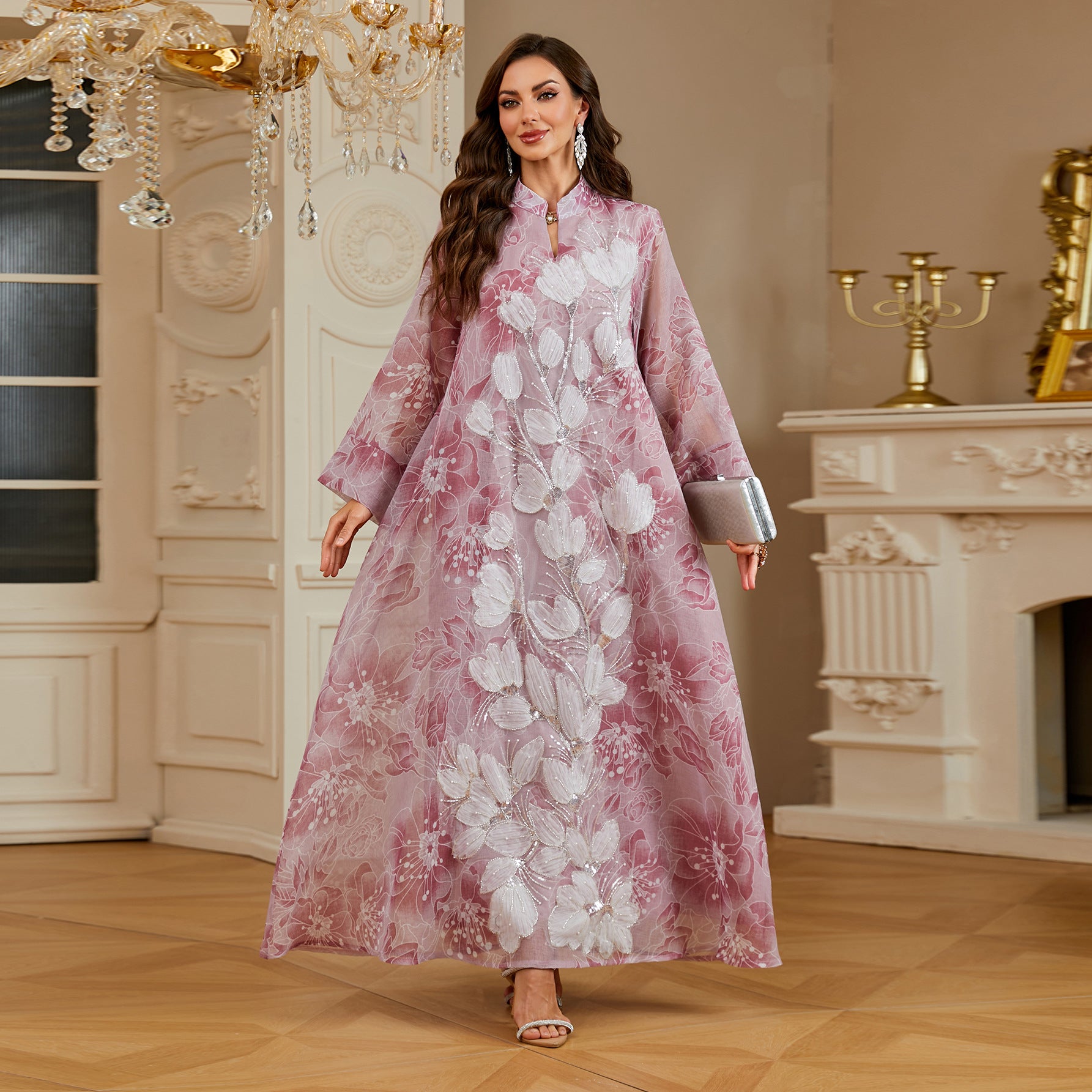 Luxury 3 Colors 3D Flower Embroidery Rhinestone Abaya Stand Neck Wide Flare Sleeve Oversized Maxi Dress For Holiday Special Occasion