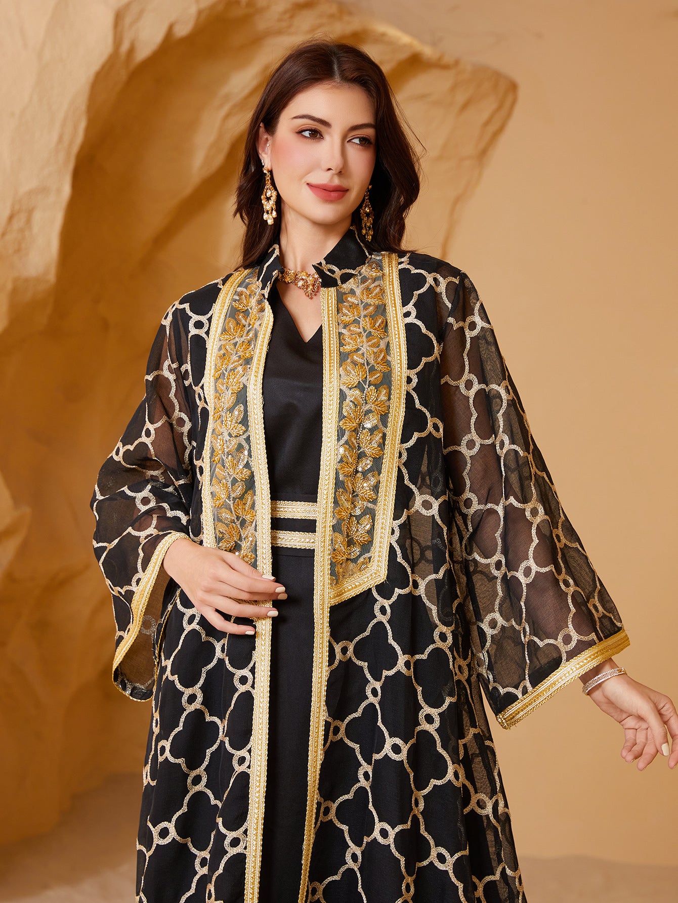 Women 2 Piece Black Gold Geometric Lattice Jacquard Sheer Lapel Collar Gold Floral Embroidery Open Kimono Outer Robe Belted Solid Black Inner Maxi Dress Gulf Luxury Layering Dubai Abaya Set For Eid Al Fitr Ramadan Nikkah Wedding Banquet