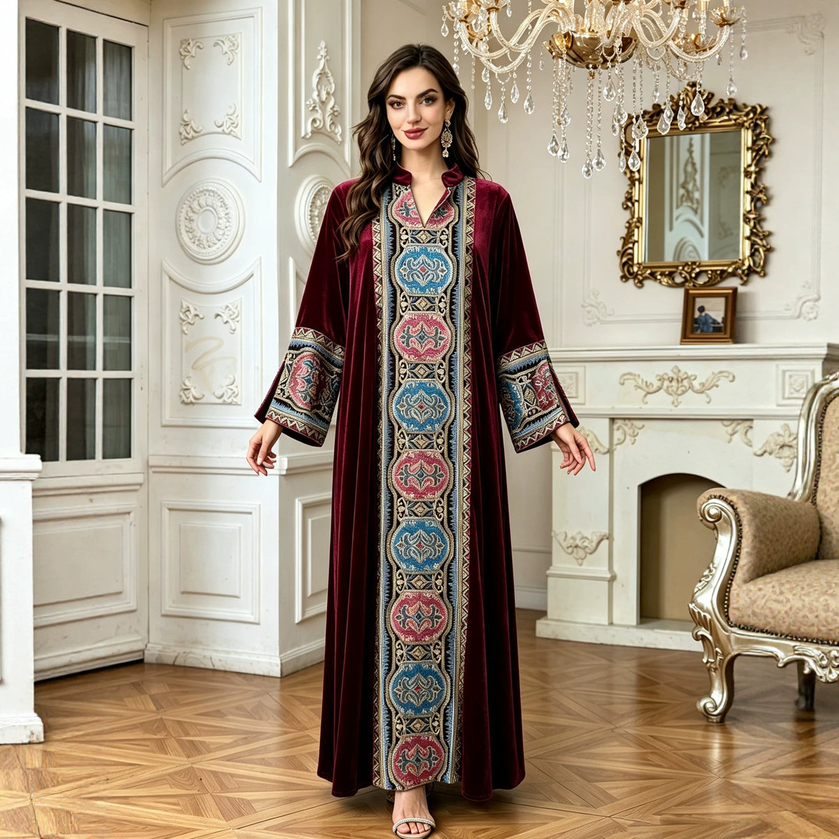 Wine Red Dark Green Black Velvet Embroidered Stand Collar Long Sleeve Gown Maxi Dress Modest Muslim Banquet