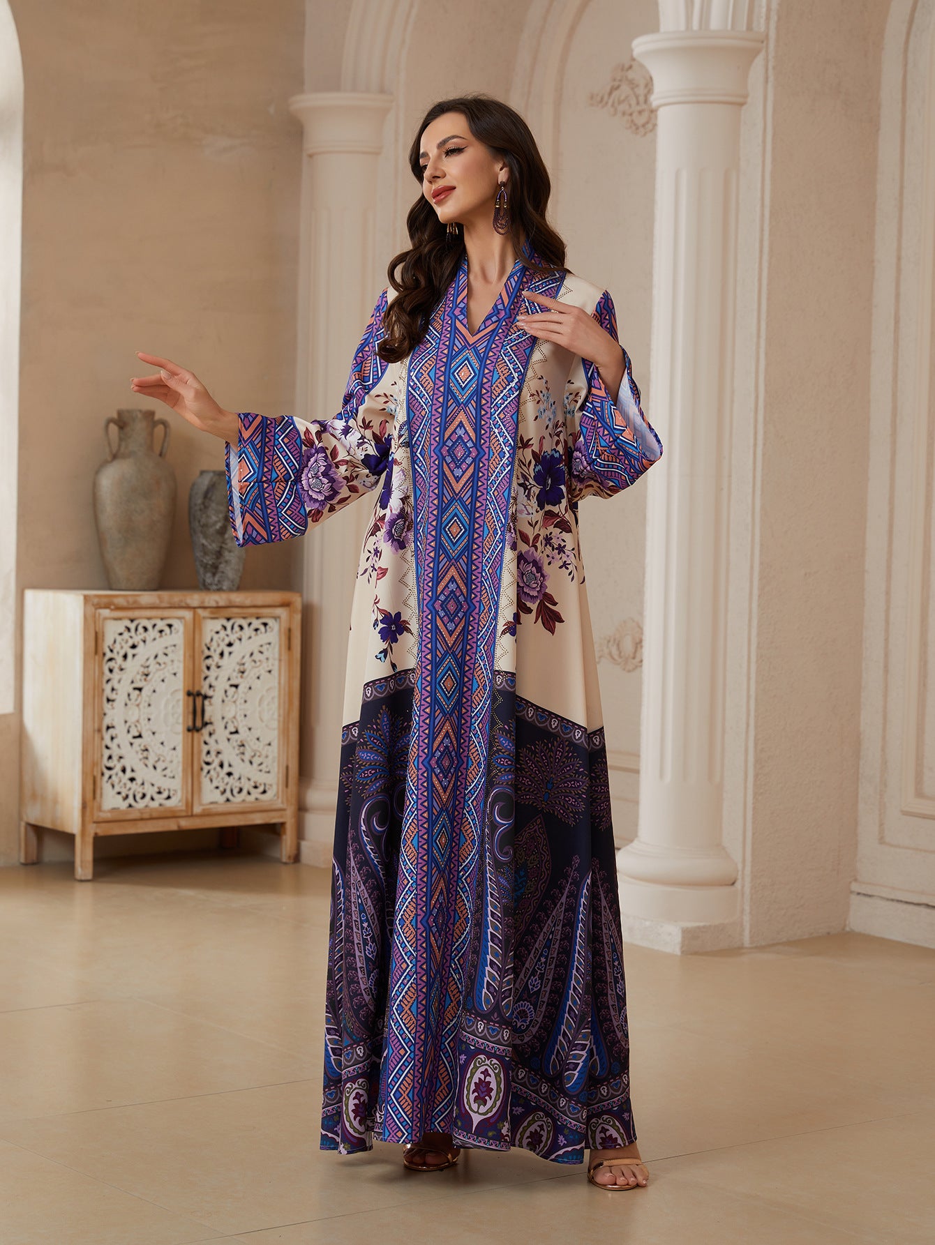 Purple Turkish Print Abaya - Plus Size Rhinestone Modest Robe