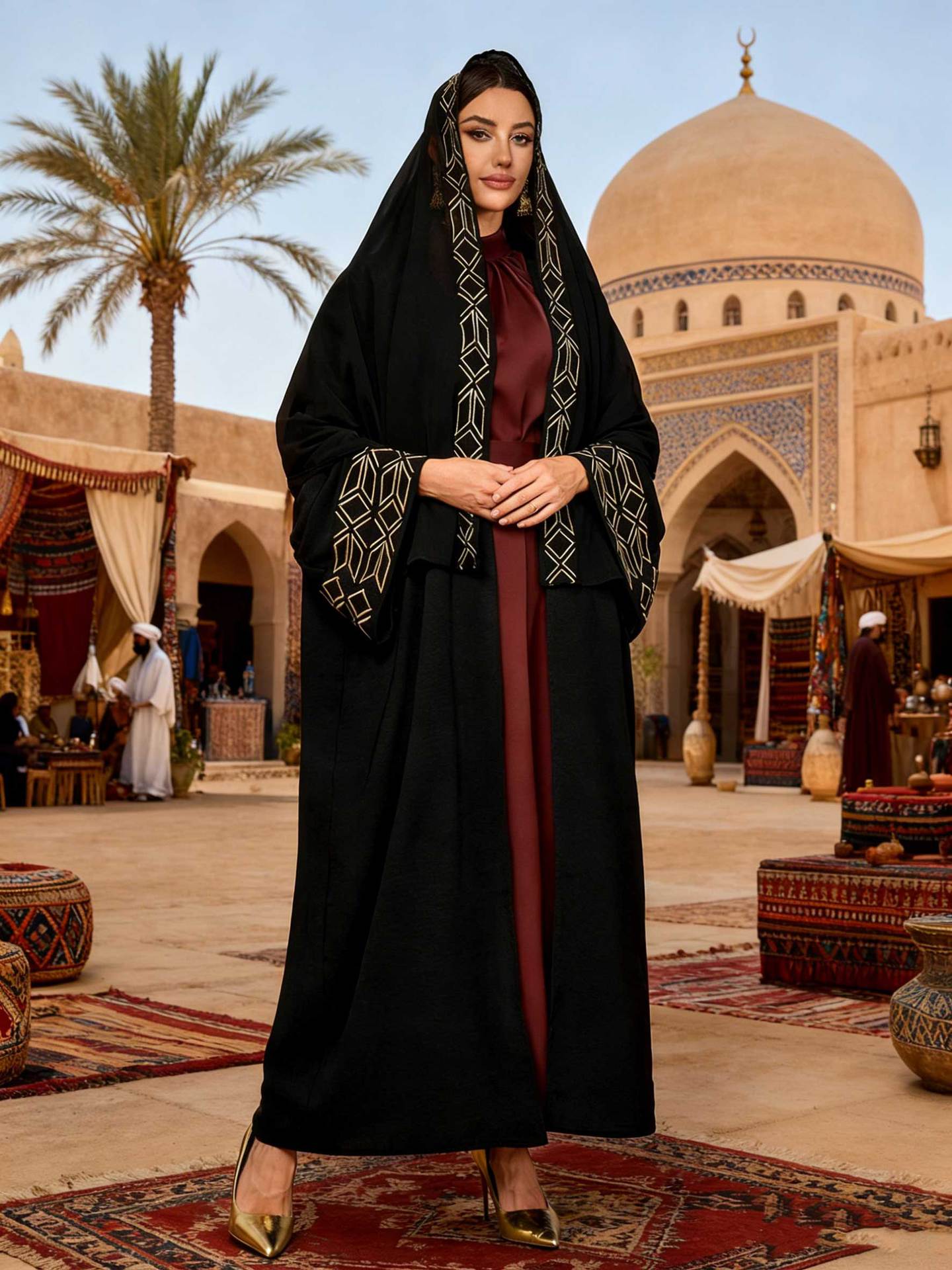 Black Embroidered Open Outerwear Maxi Abaya Dress with Hijab Two-Piece Set - Free Size