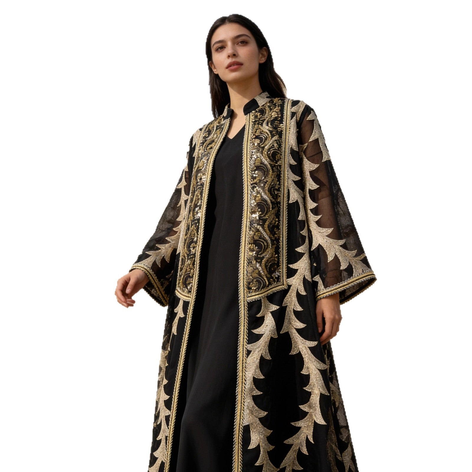 Heavy Beaded Sequin Embroidered Mesh Two-Piece Set Muslim Women Modest Maxi Abaya Jalabiya Kaftan Dress for Eid Ramadan