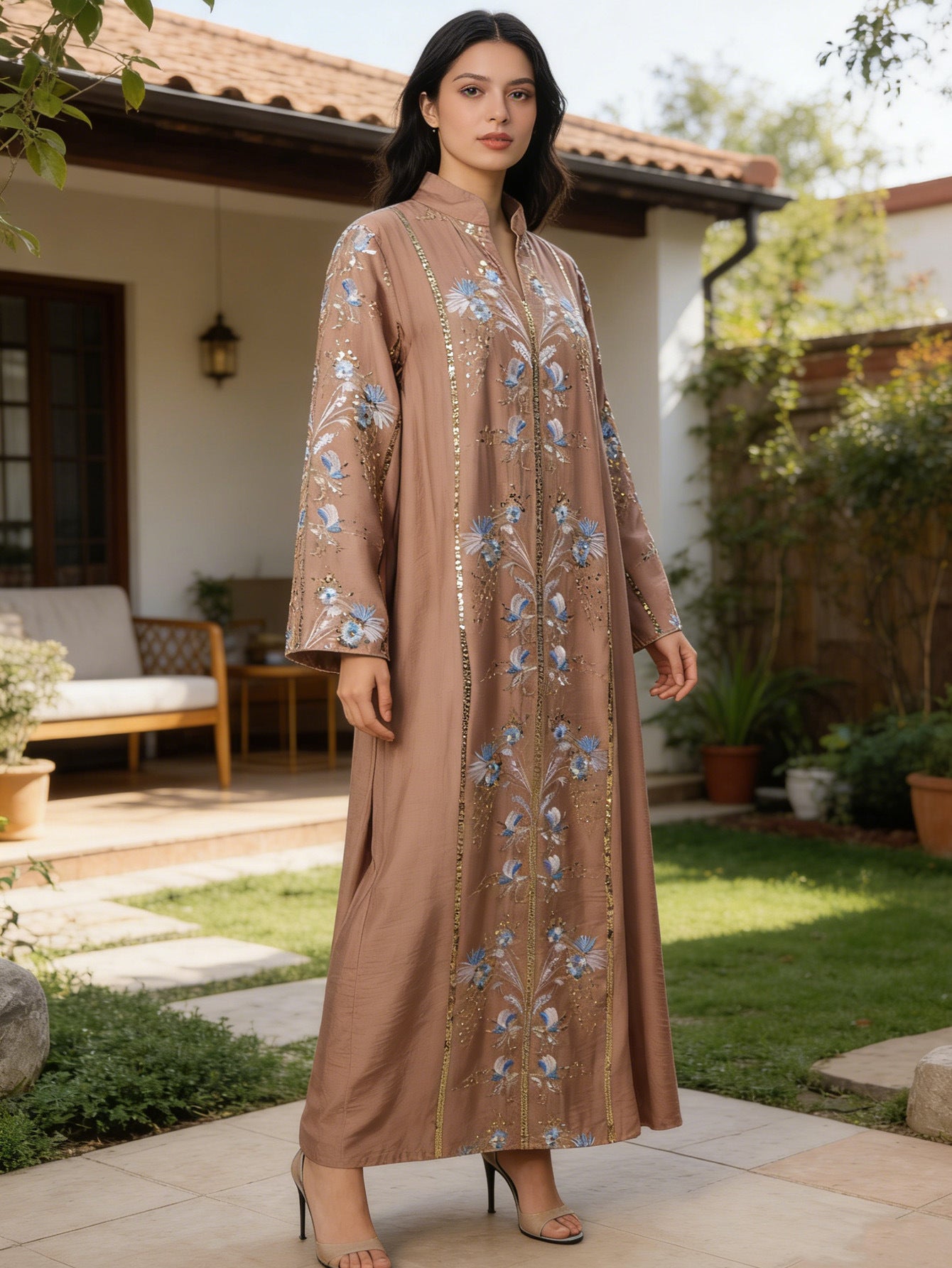 Sequin Applique Embroidered Abaya Jalabiya Modest Long Maxi Dress for Muslim Women Eid Ramadan Formal Evening Party S-XXL