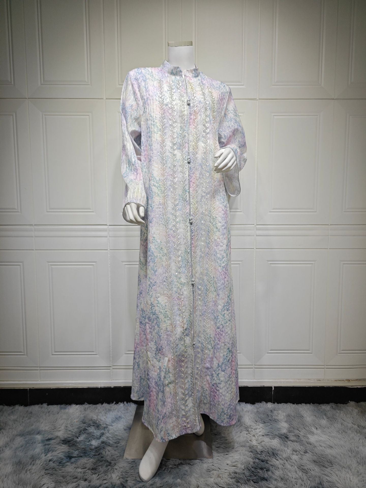 Women Stand Collar Zip Front Abaya Watercolor Gradient Print Sequined Long Kaftan Dress 2 Colors Light Shimmer Fabric For Ramadan Banquet Wedding
