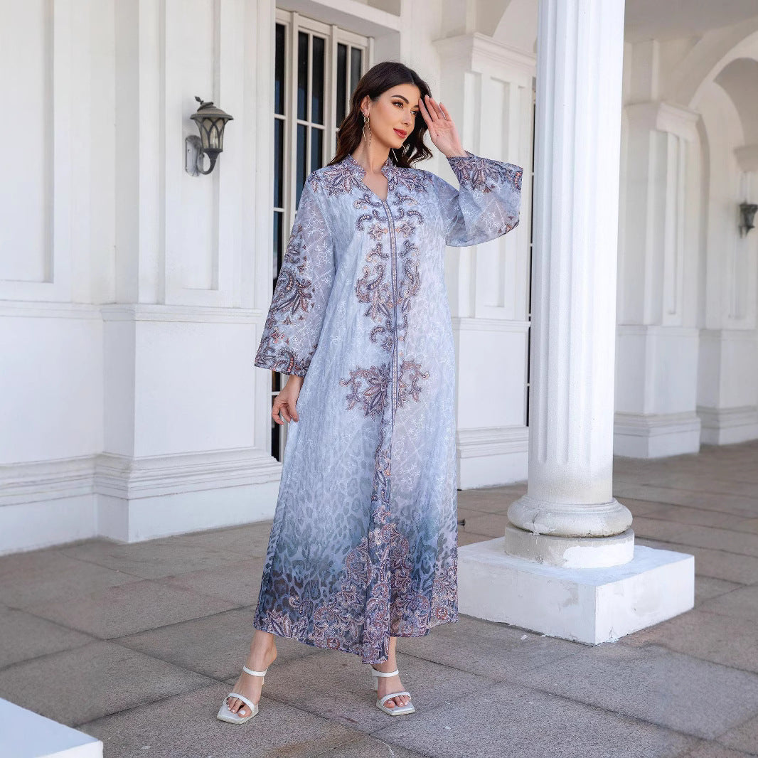 Boho Blue Rhinestone Embroidered Abaya – Modest Muslim Maxi Dress