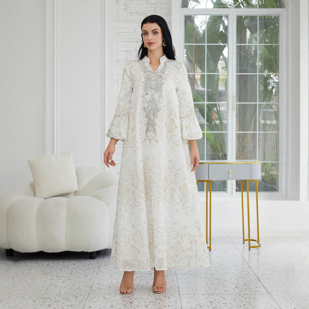 Neutral Ivory Viral Gulf Artisan Slip-On Modest Tunic Lustre Cream Gloss Woven Textile Full Faint Vintage Metallic Geo Embossed Texture Slit Tiny Mandarin Standing Neck Central Front Hand Mounted Oversized Clear Rhinestone Statement Appliqué Layered