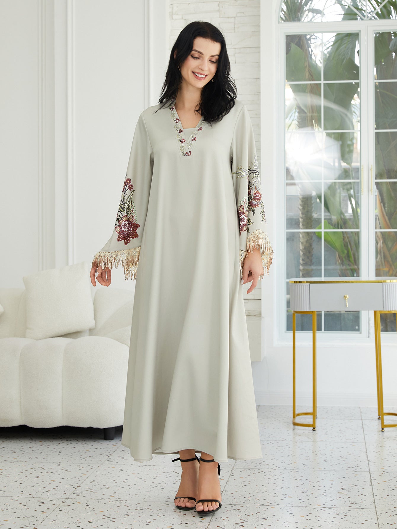 Pastel Light Green Matte Crepe Long Kaftan Robe For Ladies V-Neck Oversized Flare Cuff With Shiny Gold Fringe Sleeve Floral Embroidery Full Length Formal Modest Outfit