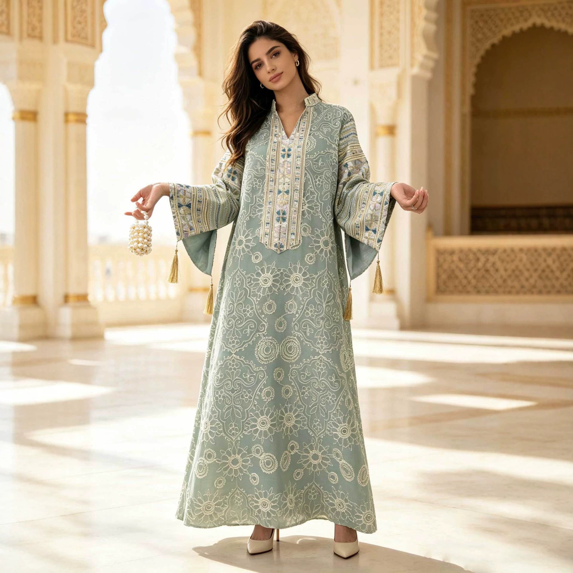 Elegant Sequin Embroidered Mesh Abaya Dress Jalabiya Modest Long Maxi Dress for Muslim Women Eid Ramadan Evening Party S-XXL
