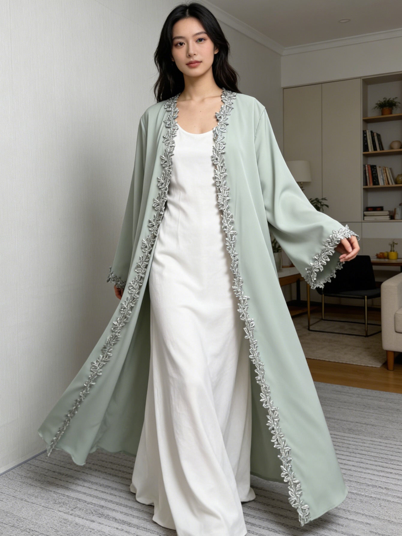 Ribbon Lace Trim Open Front Abaya Cardigan Modest Long Maxi Dress Jalabiya for Muslim Women Eid Ramadan Festive Wear S-XL