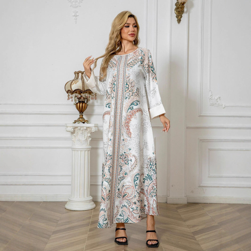 White Floral Print Mandarin Collar Rhinestone Plus Size Maxi Abaya Dress