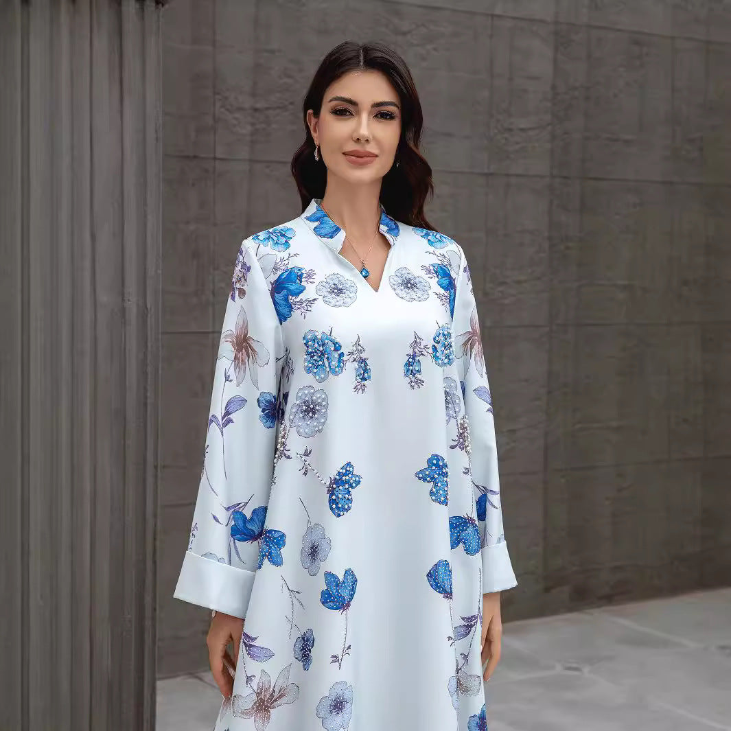 Light Blue Rhinestone Mandarin Collar Embroidered Maxi Abaya Dress