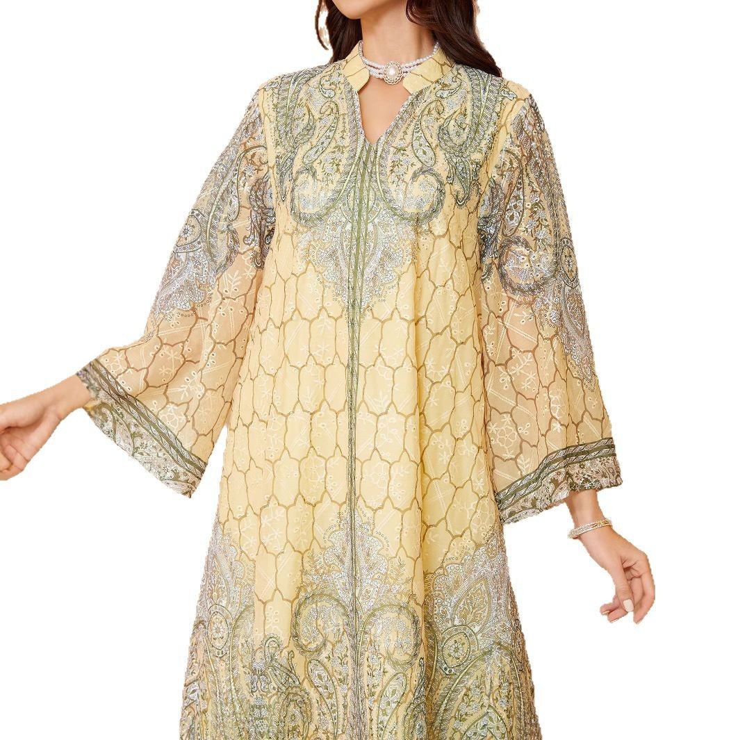 Sunlit Yellow Rhinestone Embroidered Abaya – Modest Muslim Maxi