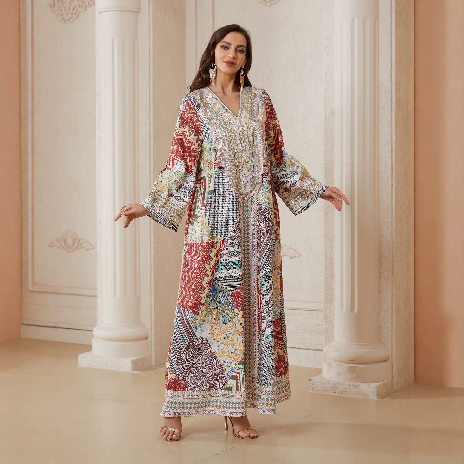 Ethnic Patchwork Geometric Premium Pan-Arab Craft V Notch Front Modest Maxi Tunic Light Airflow Single Layer Chiffon Textile All Over Vintage Tribal Patchwork Zigzag Grid Floral Mixed Print Ornate Multicolor Border Embroidery Trim Wide Straight Loose