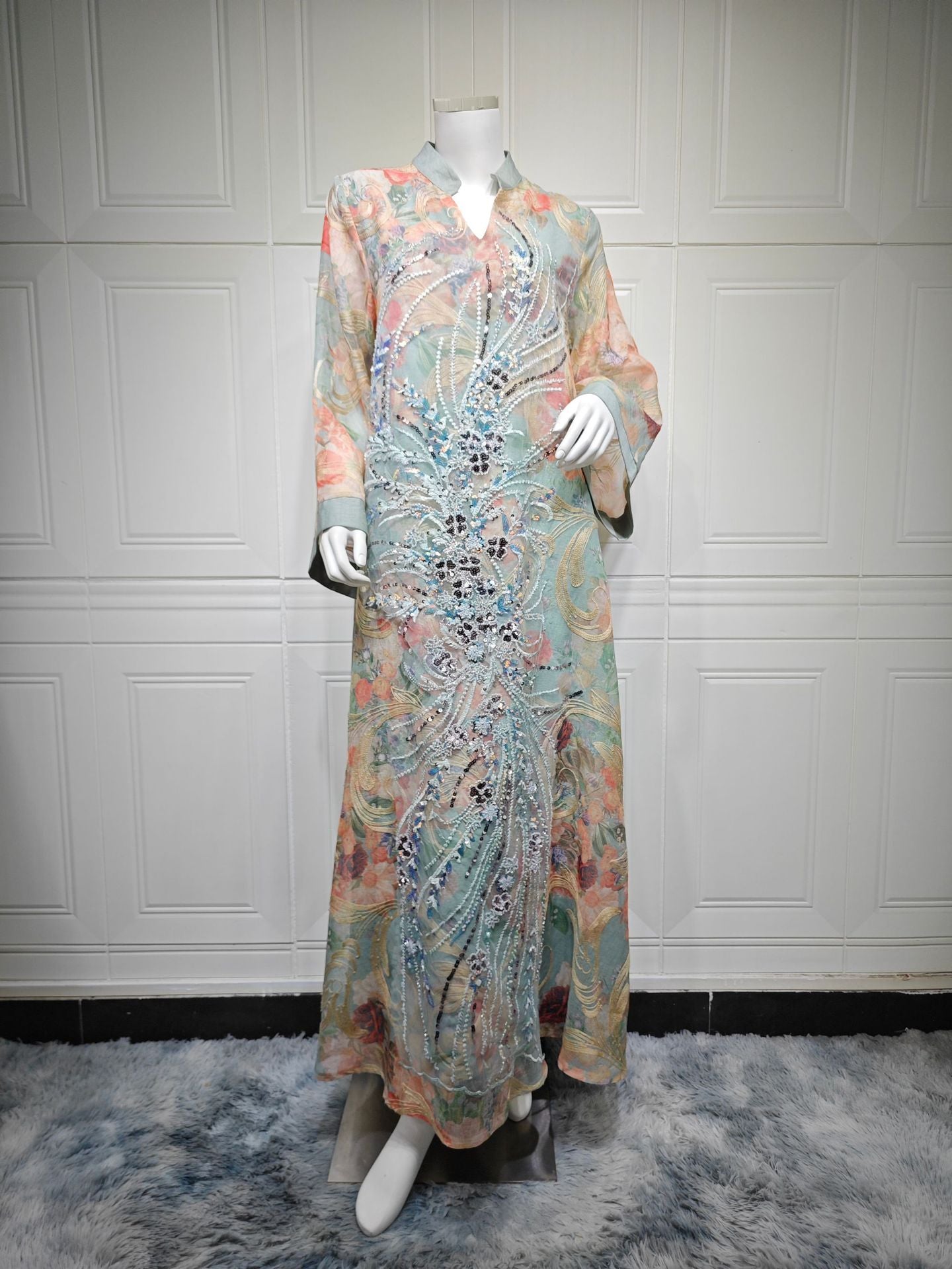 2026 Luxury Floral Print Abaya Women Hand Beaded Rhinestone Long Kaftan Stand Collar Flare Sleeve Loose Maxi Dress For Wedding Party
