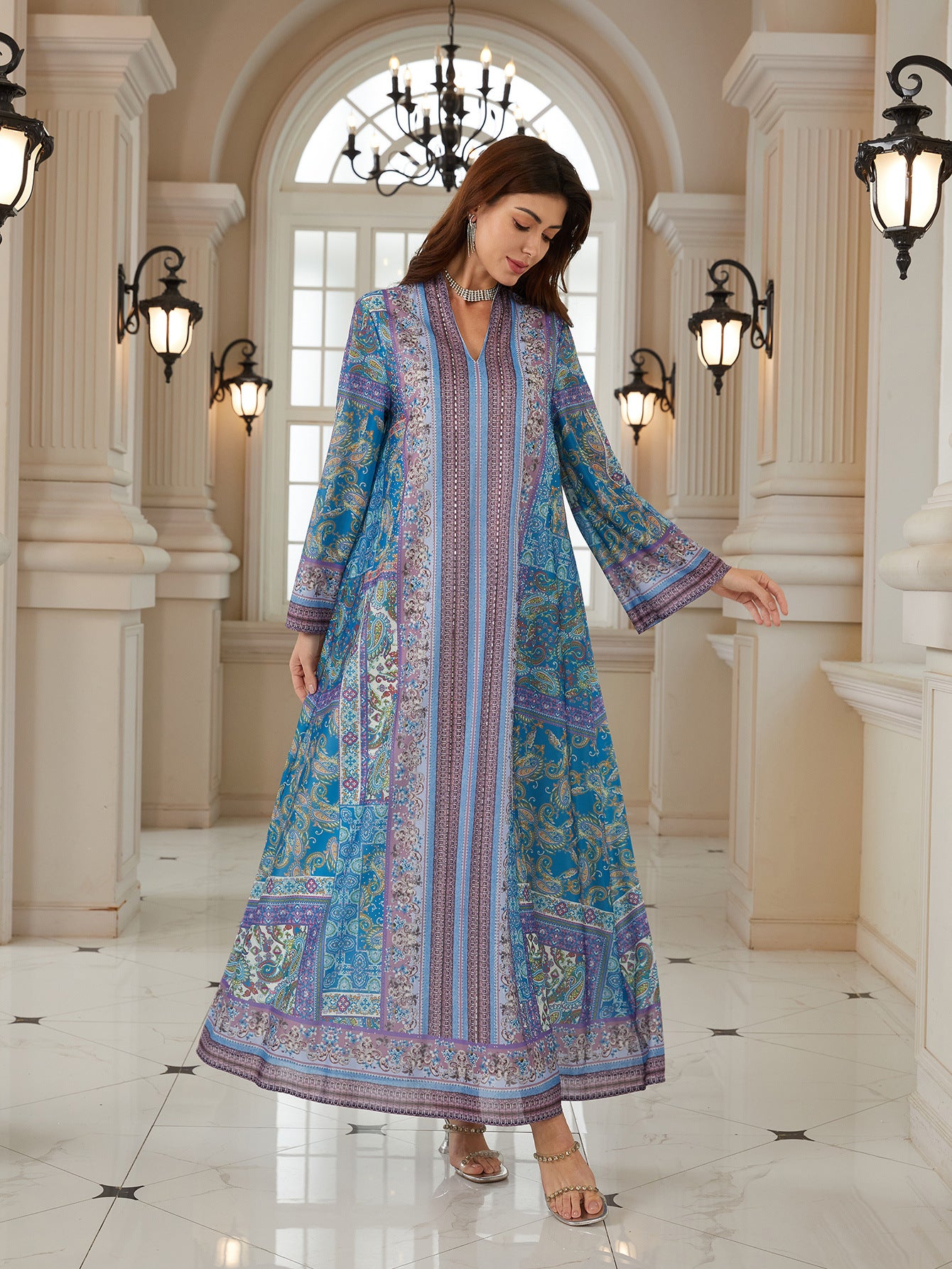 Blue Floral Print Plus Size Abaya - Modest Muslim Dress Ramadan Eid