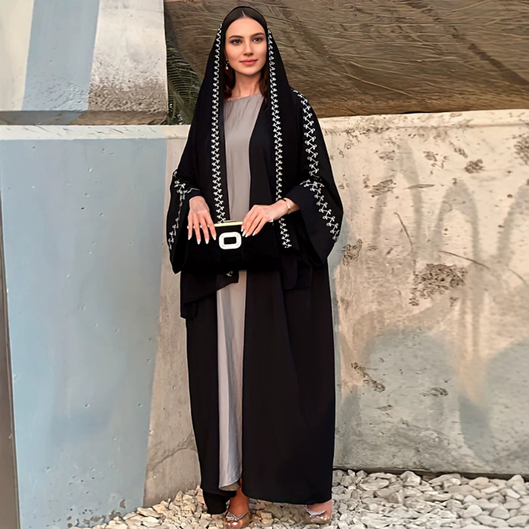 Embroidered Open-Front Cardigan with Hijab Set Jalabiya Abaya Long Maxi Dress for Muslim Women Eid Ramadan Banquet Gown S-XXL
